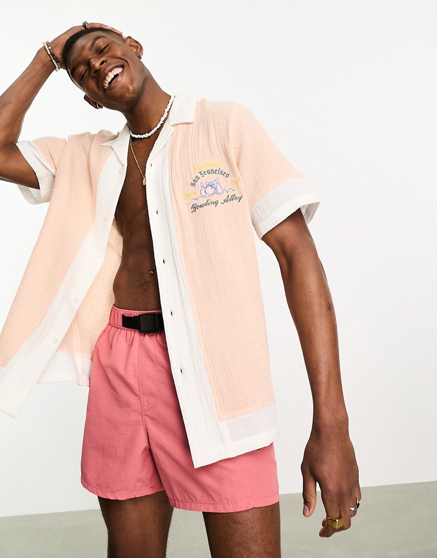 Asos Design Relaxed Camp Collar Cut And Sew Textured Bowling Shirt With Chest Embroidery-pink
