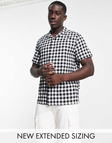 ASOS DESIGN relaxed camp collar gingham plaid shirt in black & white - view 1