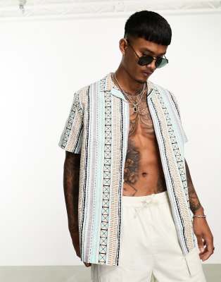 Asos Design Relaxed Camp Collar Linen Mix Shirt In Pattern Print-blue