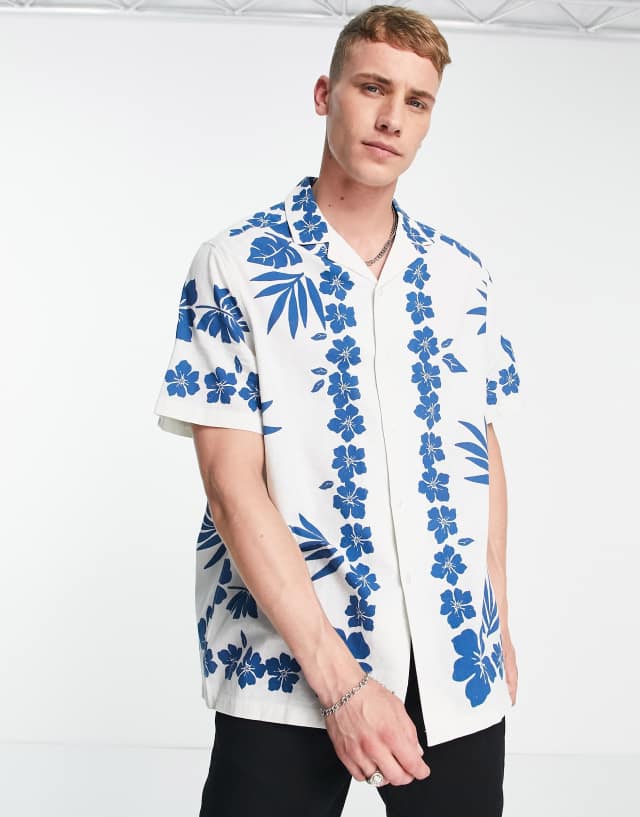 ASOS DESIGN relaxed camp collar linen mix shirt in white with floral border