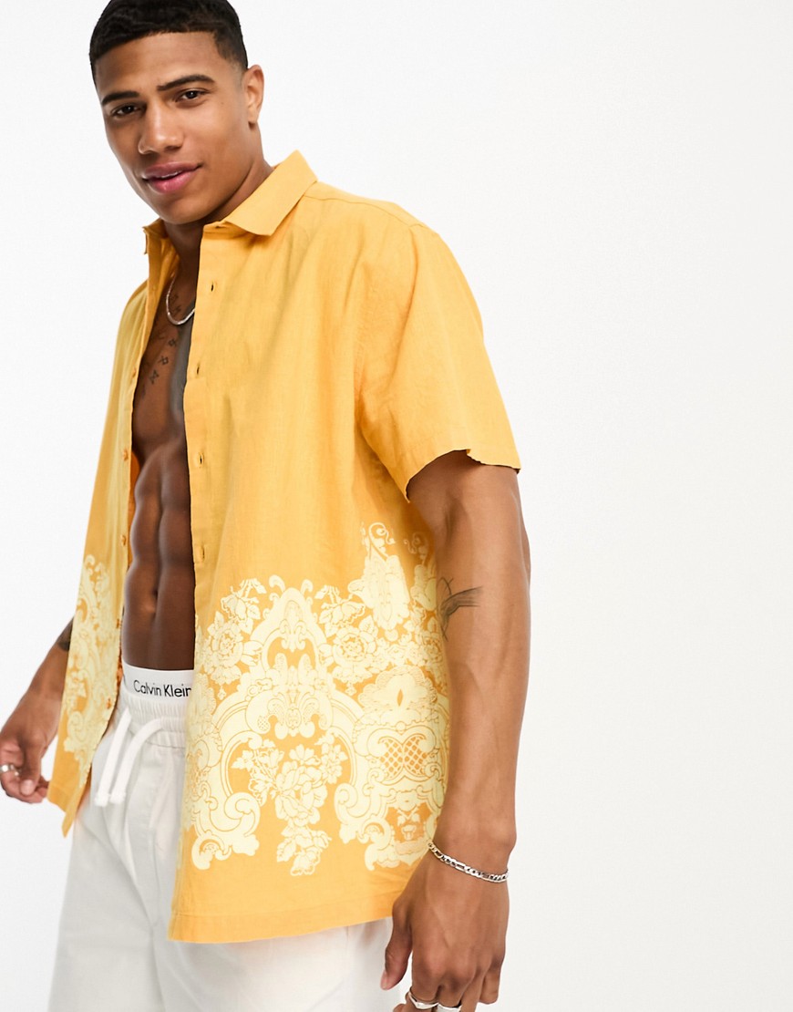 Asos Design Relaxed Camp Collar Linen Mix Shirt In Yellow With Printed Border