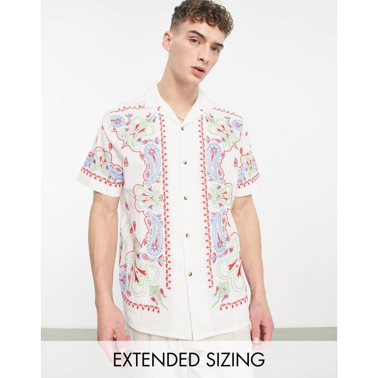 ASOS DESIGN relaxed camp collar linen mix shirt with embroidered