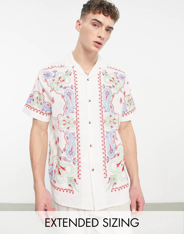 ASOS DESIGN relaxed camp collar linen mix shirt with embroidered border