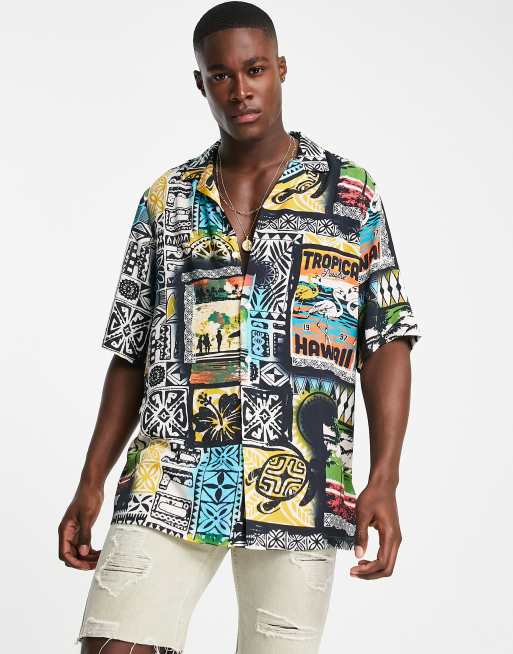 ASOS DESIGN dropped shoulder oversized camp collar shirt in Hawaiian floral  print