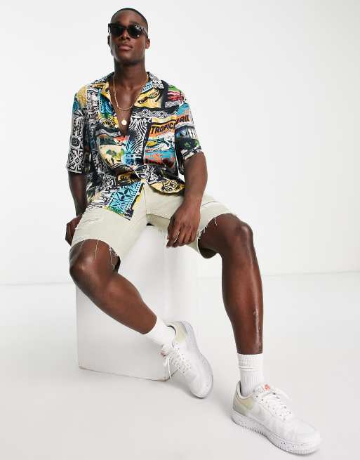 ASOS DESIGN relaxed camp collar long shirt in hawaiian vintage