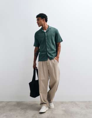 Asos Design Relaxed Camp Collar Open Texture Shirt In Green