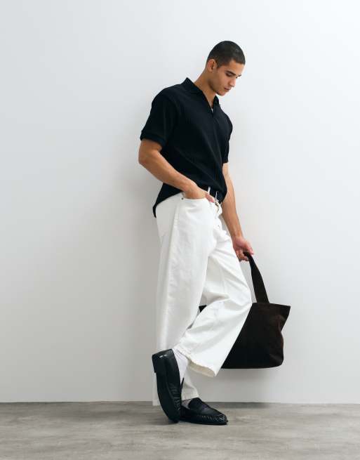 ASOS DESIGN relaxed camp collar polo in black wide rib, 4 of 5