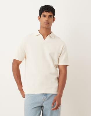 relaxed camp collar polo in cream waffle-White