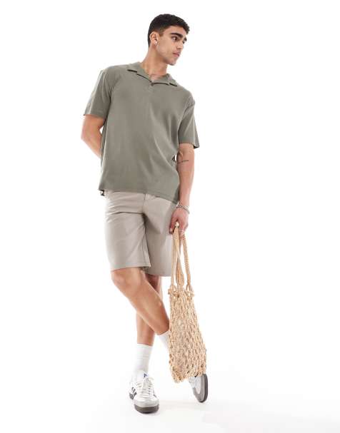ASOS DESIGN relaxed camp collar polo in khaki rib - view 1