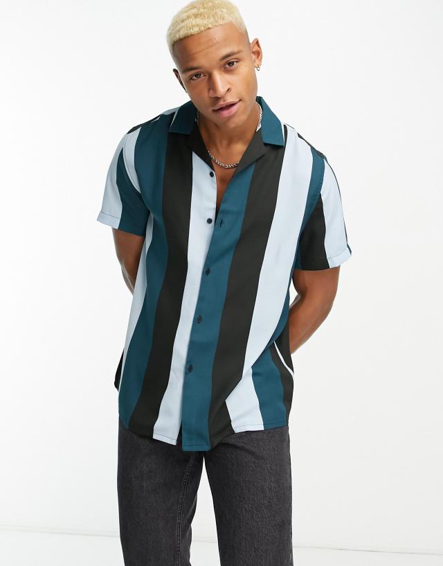 ASOS DESIGN relaxed camp collar retro stripe shirt in blue