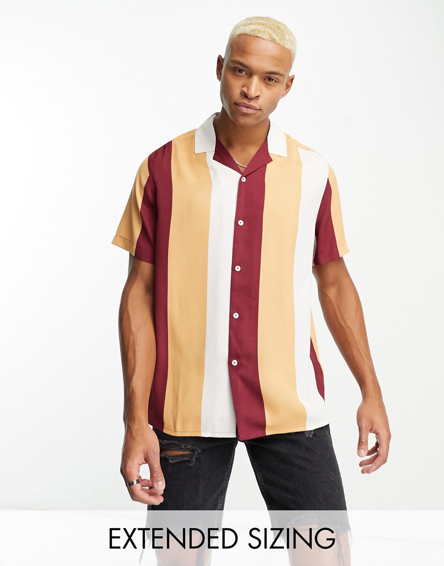 Asos Design Relaxed Camp Collar Retro Stripe Shirt In Burgundy-red
