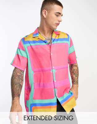 Asos Design Relaxed Camp Collar Satin Shirt In Abstract Cube Print-multi