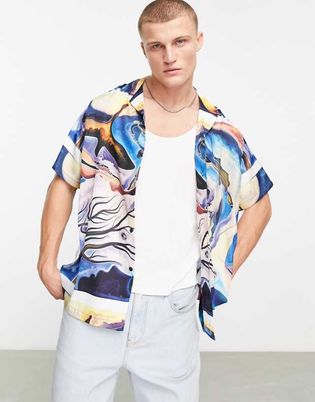 ASOS DESIGN relaxed camp collar satin shirt in abstract print