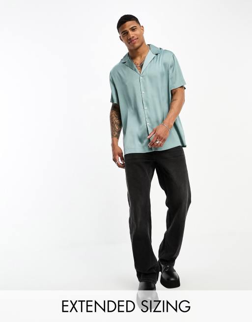 ASOS DESIGN relaxed camp collar satin shirt in sky blue