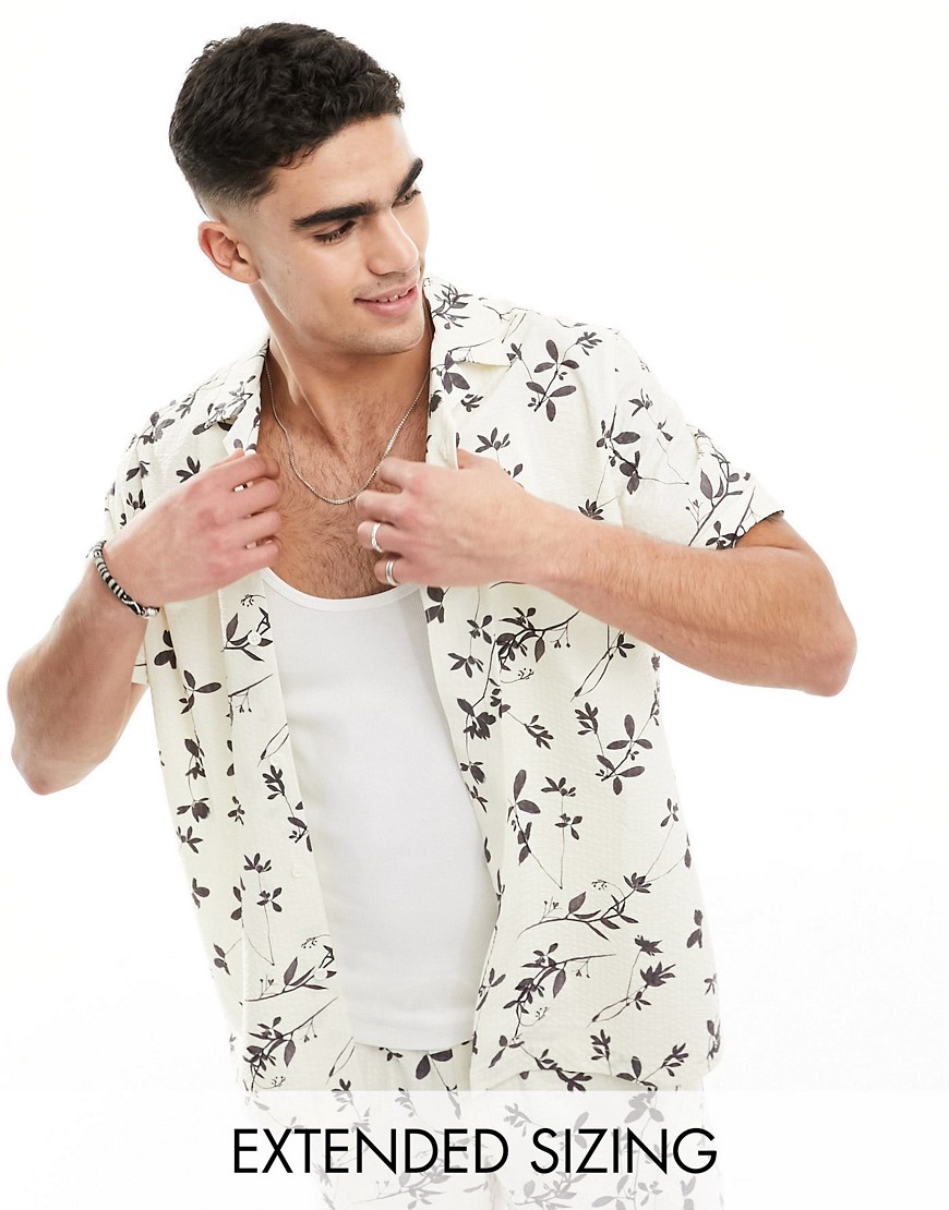 Asos Design Relaxed Camp Collar Seersucker Floral Shirt In White - Part Of A Set