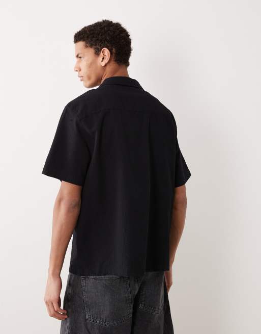 ASOS DESIGN relaxed camp collar seersucker shirt in black, 5 of 5