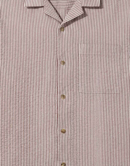 ASOS DESIGN relaxed camp collar seersucker striped shirt in burgundy, 8 of 12