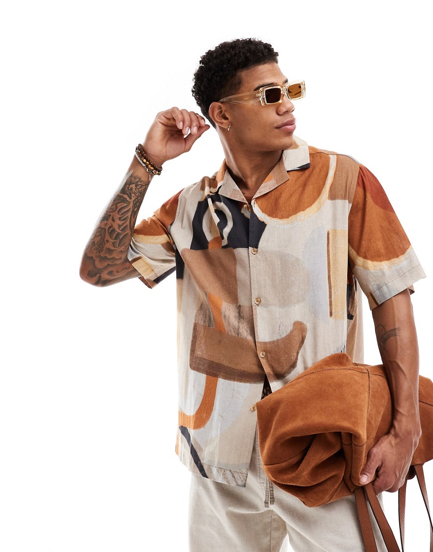 Asos Design Relaxed Camp Collar Shirt In Abstract Print In Brown