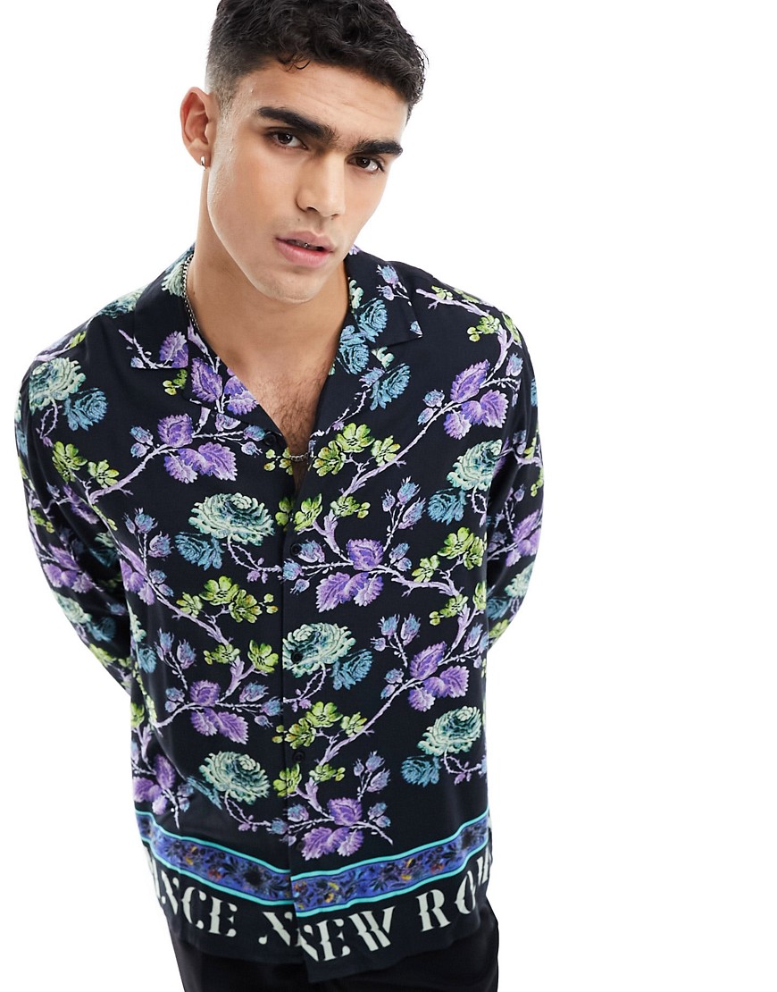 Asos Design Relaxed Camp Collar Shirt In Black Floral Text Print