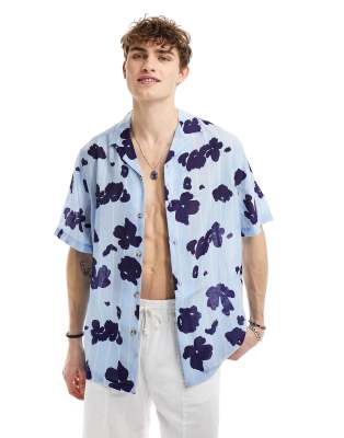 Asos Design Relaxed Camp Collar Shirt In Blue Stripe With Floral Print-navy