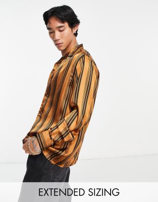 Asos Design Relaxed Camp Collar Shirt In Brown Satin Stripe