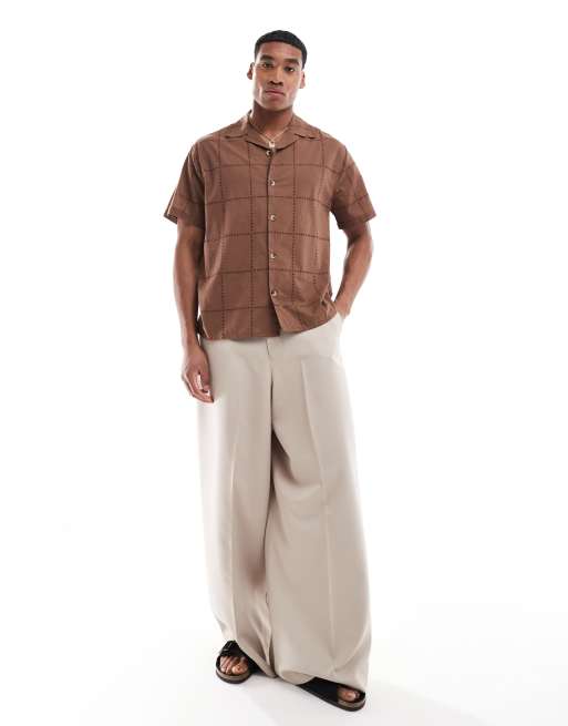 ASOS DESIGN relaxed camp collar shirt in checkerboard eyelet in brown