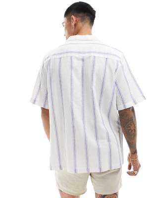 ASOS DESIGN – Blårandig, avslappnad skjorta med platt krage i linneblandning