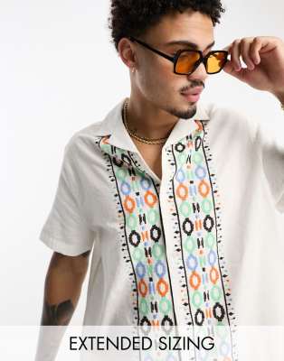ASOS DESIGN relaxed camp collar shirt in linen mix with embroidered border