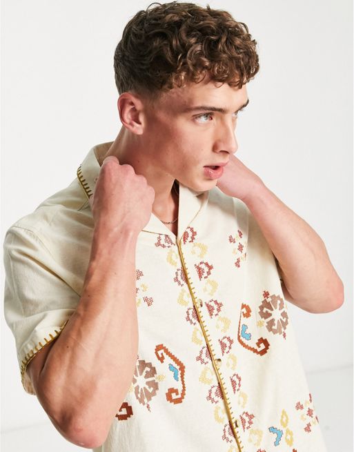 ASOS DESIGN relaxed camp collar linen mix shirt in brown with embroidered  border