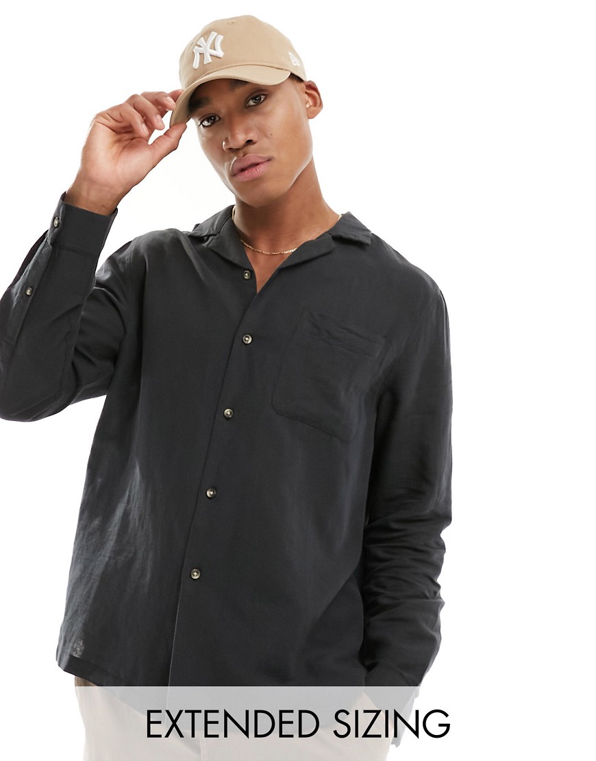 Asos Design Relaxed Camp Collar Shirt In Linen Mix With Patched Pocket In Black