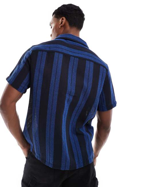 ASOS DESIGN relaxed camp collar shirt in navy basket stripe, 3 of 4