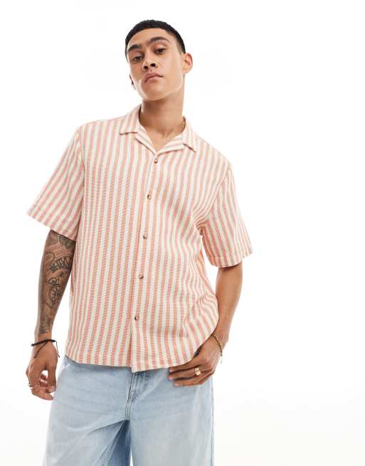 ASOS DESIGN relaxed camp collar shirt in orange basket stripe ASOS