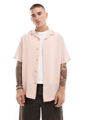 Asos Design Relaxed Camp Collar Shirt In Pink Stripe