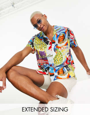 ASOS DESIGN relaxed camp collar shirt in postcard print - view 1