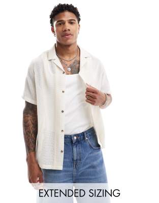 Asos Design Relaxed Camp Collar Shirt In Stone Basket Stripe-neutral