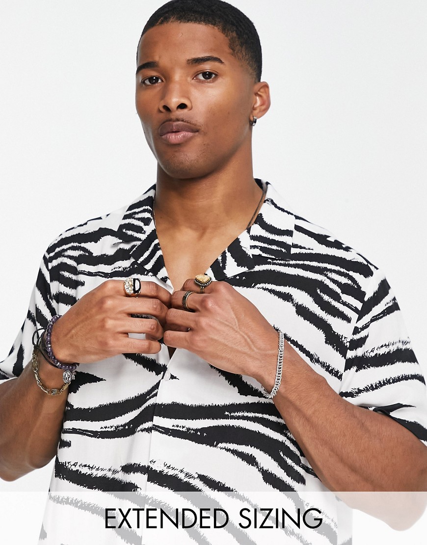 ASOS DESIGN relaxed camp collar shirt in zebra print-Black