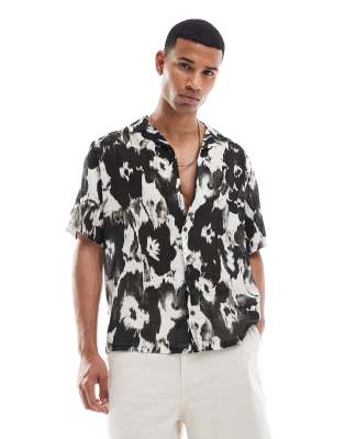 Asos Design Relaxed Camp Collar Shirt With Abstract Floral Print In Black