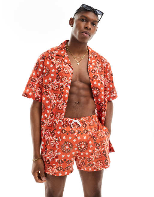 ASOS DESIGN relaxed camp collar shirt with bandana print in red - part of a set