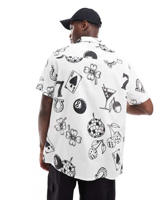ASOS DESIGN relaxed camp collar shirt with casino print in white