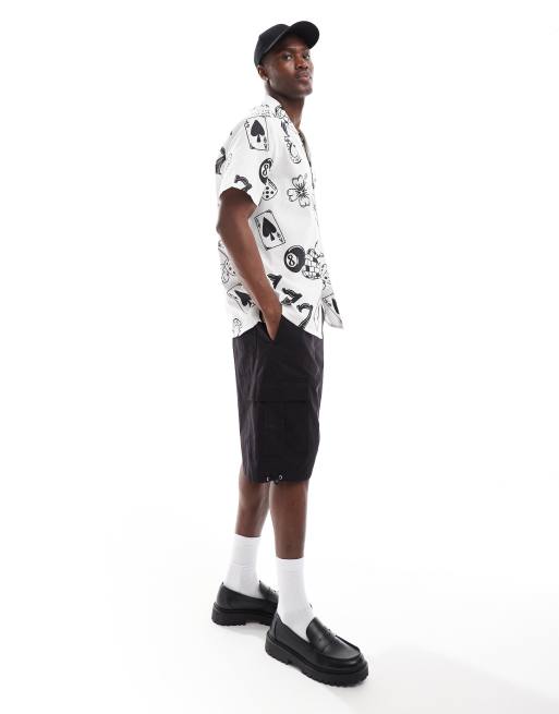 ASOS DESIGN relaxed camp collar shirt with casino print in white