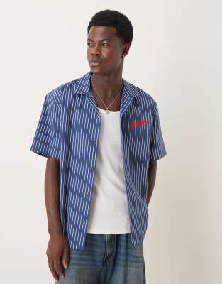 Asos Design Relaxed Camp Collar Shirt With Chest Embroidery In Blue