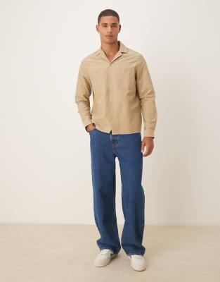 Asos Design Relaxed Camp Collar Shirt With Double Pockets In Neutral