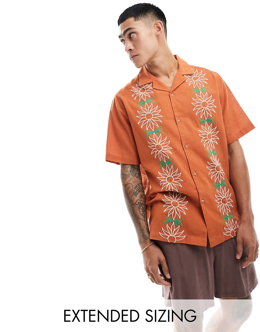 Asos Design Relaxed Camp Collar Shirt With Floral Applique In Orange