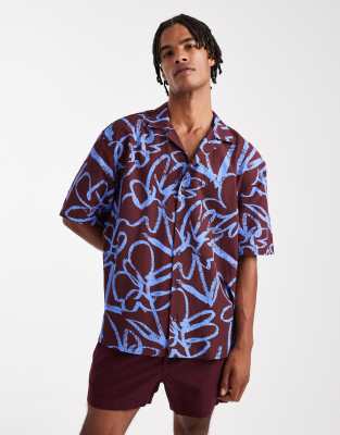Asos Design Relaxed Camp Collar Shirt With Floral Print In Red