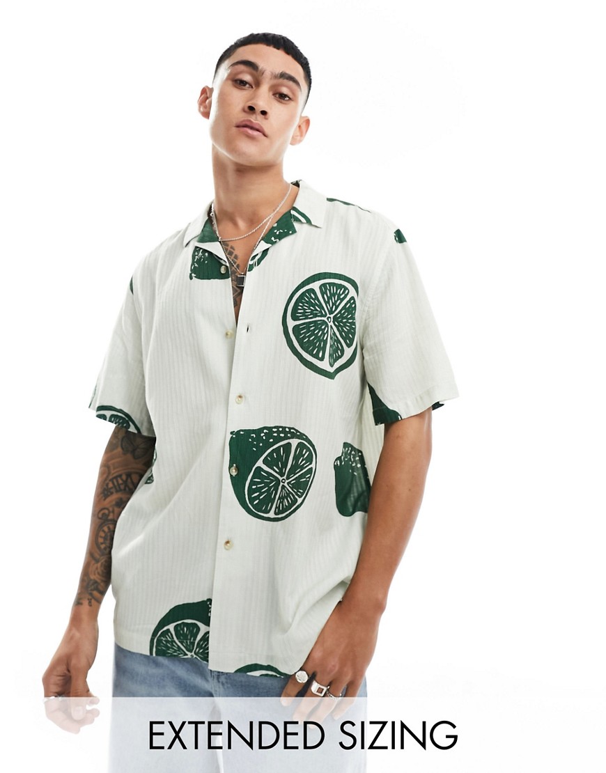 Asos Design Relaxed Camp Collar Shirt With Fruit Print-green