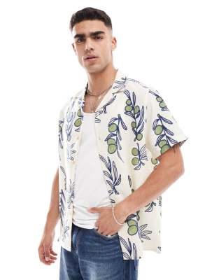 Asos Design Relaxed Camp Collar Shirt With Leaf And Fruit Print In Cream-neutral