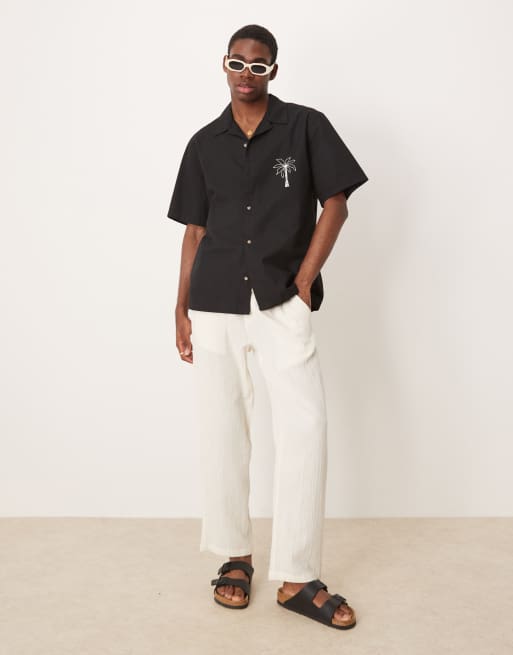 ASOS DESIGN relaxed camp collar shirt with palm chest and back prints in black, 2 of 4