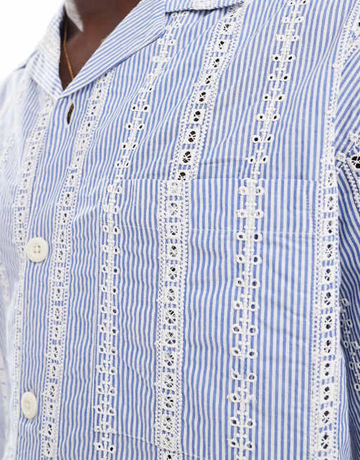 ASOS DESIGN relaxed camp collar shirt with stripe broderie in blue , 4 of 4