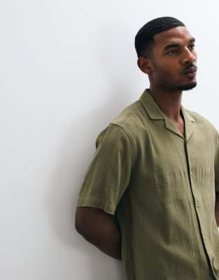 Asos Design Relaxed Camp Collar Shirt With Striped Jacquard In Green