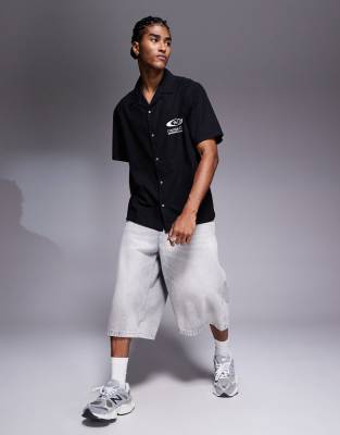 Asos Design Relaxed Camp Collar Shirt With Tennis Print In Black